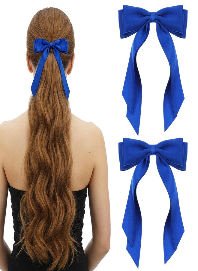 Matwsec 2PCS Blue Hair Bow Royal Blue Bows for Hair Ribbon Clip with Tails Barrettes Accessories for Women Girls Wedding Dress Decor - Image 1
